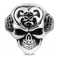 Mohutný prsteň z ocele 316L, lebka s ornamentami na temene, čierna patina