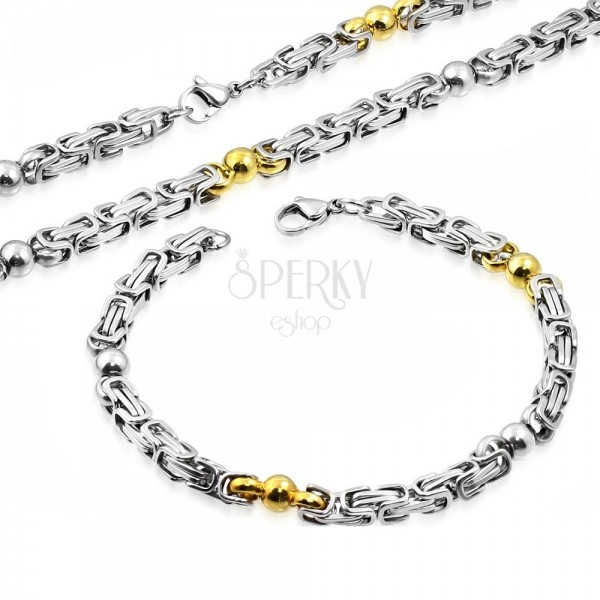 Oceľový set - náhrdelník a náramok, dvojfarebné články, lesklé guličky