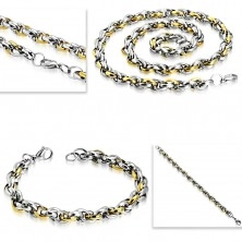 Oceľová sada - náhrdelník s náramkom, dvojfarebné oválne články