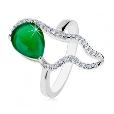 Strieborný 925 prsteň - veľká zelená slza zo zirkónu, číra asymetrická kontúra
