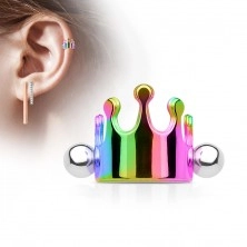 Oceľový piercing do ucha, kráľovská korunka, činka s guličkami, rôzne farby