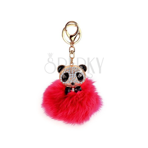 Ružová kľúčenka s pandou - kožušinová loptička, karabínka zlatej farby