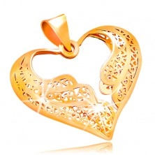 Zlatý prívesok 585 - filigránové srdce s dvojfarebnými anjelskými krídlam