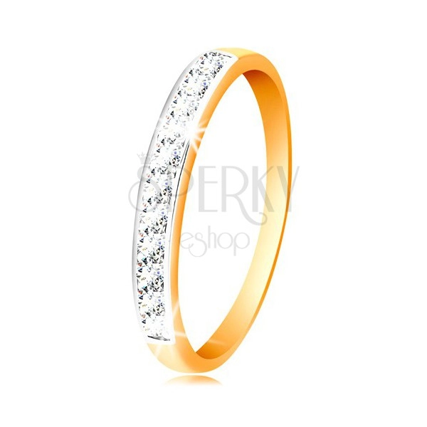 Zlatý 14K prsteň - ligotavý pás z čírych zirkónov s obrubou z bieleho zlata