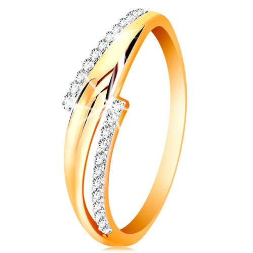 Prsteň zo 14K zlata, zvlnené dvojfarebné ramená, číre zirkónové línie - Veľkosť: 60 mm
