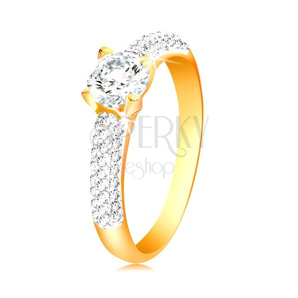 Zlatý 14K prsteň - trblietavé ramená, vyvýšený okrúhly zirkón čírej farby