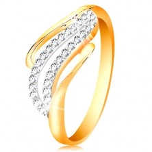 Zlatý prsteň 14K - zvlnené línie ramien, ligotavé číre zirkóniky