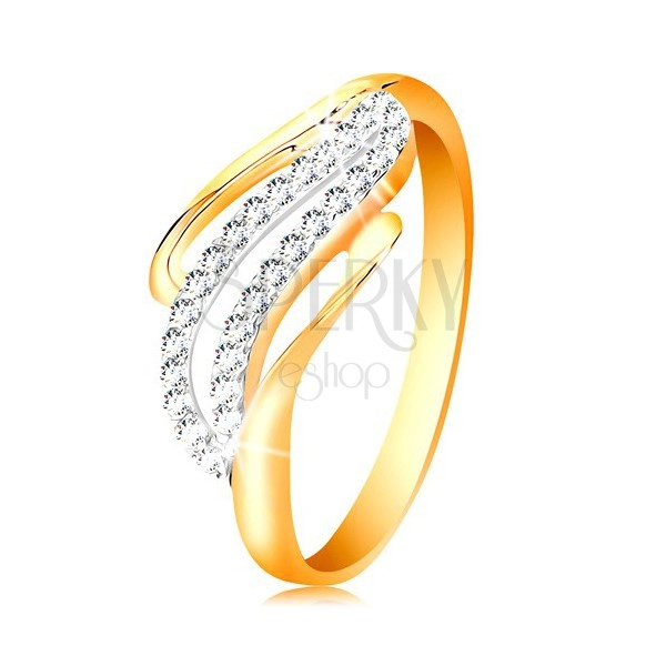 Zlatý prsteň 14K - zvlnené línie ramien, ligotavé číre zirkóniky