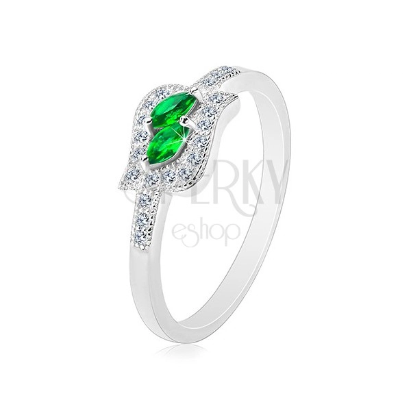 Strieborný 925 prsteň, zelené zirkónové zrnká v čírej kontúre, ródiovaný