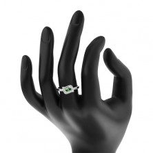 Strieborný 925 prsteň, zelené zirkónové zrnká v čírej kontúre, ródiovaný