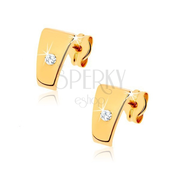 Zlaté briliantové náušnice 585 - lesklé lichobežníky s čírym diamantom v strede