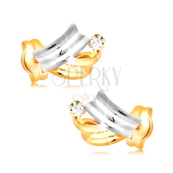 Briliantové zlaté náušnice 14K - lesklé dvojfarebné oblúky, číry okrúhly diamant