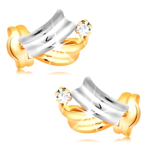E-shop Šperky Eshop - Briliantové zlaté náušnice 14K - lesklé dvojfarebné oblúky, číry okrúhly diamant S3BT501.11