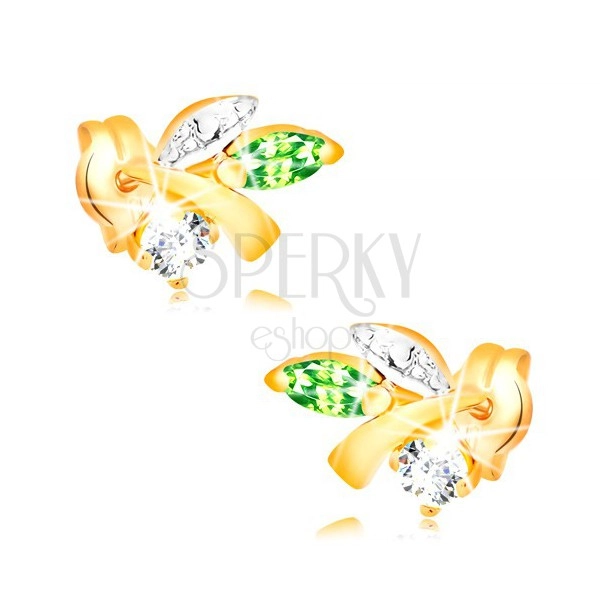 Zlaté náušnice 585 - vetvička s listami, zelený smaragd, číry diamant