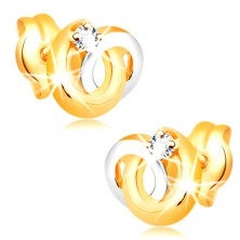 Náušnice v 14K zlate - dvojfarebné prepojené prstence, žiarivý číry briliant