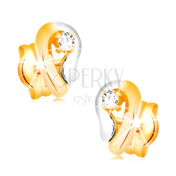 Zlaté 14K náušnice, dvojfarebná kontúra kvapky so žiarivým diamantom