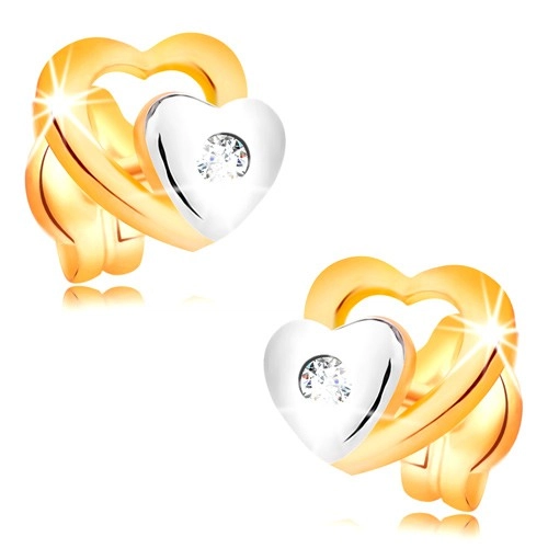 E-shop Šperky Eshop - Briliantové náušnice zo 14K zlata - dve srdiečka a brúsený číry diamant BT501.37