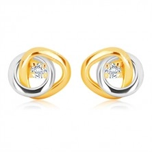 Náušnice v 14K zlate - dvojfarebné prepojené prstence, trblietavý číry briliant