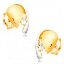 Diamantové zlaté 14K náušnice, dvojfarebná kvapka so žiarivým briliantom