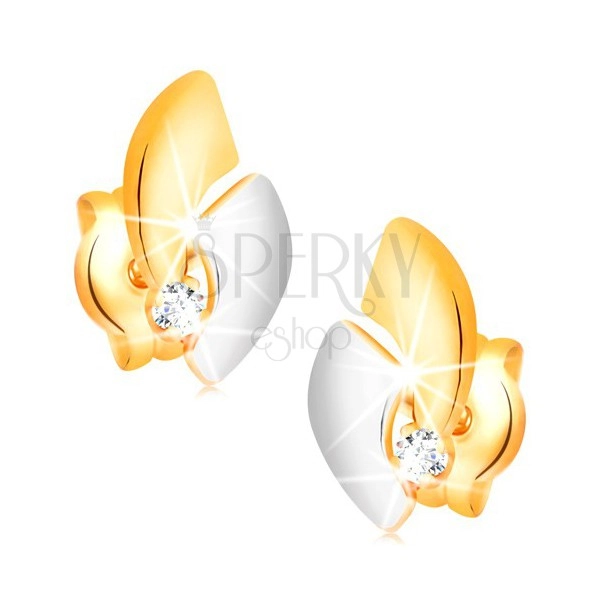 Zlaté 14K náušnice s ligotavým diamantom, dvojfarebné oblúky, puzetky