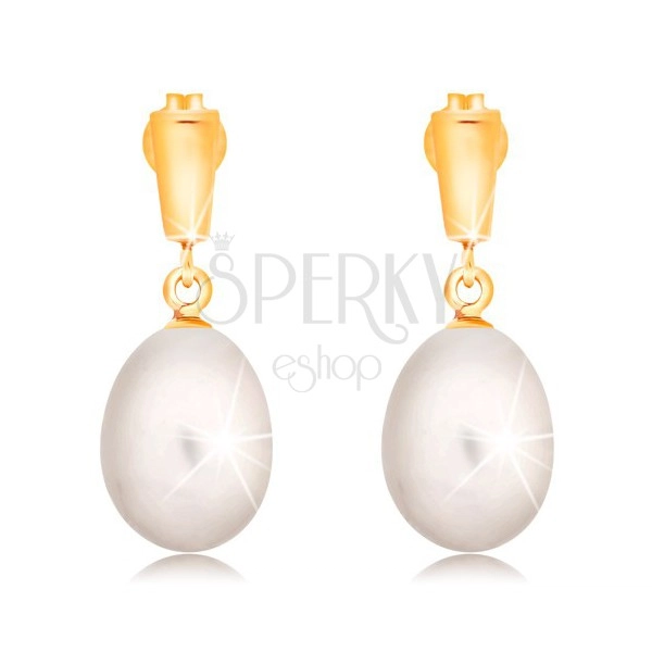Zlaté 14K náušnice - visiaca oválna perla bielej farby, lesklý pásik