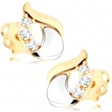 Diamantové náušnice - lesklá slza zo 14K bieleho a žltého zlata, tri číre brilianty