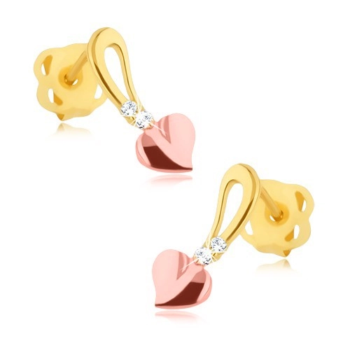 E-shop Šperky Eshop - Briliantové náušnice - 14K žlté a ružové zlato, srdiečko na stopke, diamanty S3BT502.15