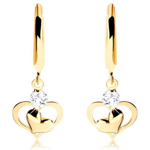 E-shop Šperky Eshop - Briliantové zlaté náušnice 585 - lesklý kruh s visiacim diamantom a srdiečkami S3BT502.20