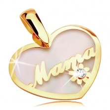 Prívesok zo žltého 14K zlata - perleťové srdce s nápisom Mama a kvietkom