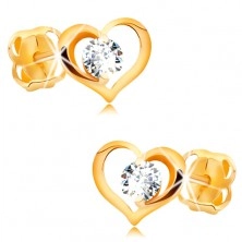 Briliantové náušnice zo žltého 14K zlata - číry diamant v obryse srdca