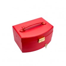 Červená kufríková šperkovnica 2 v 1, kovové detaily zlatej farby, umelá koža