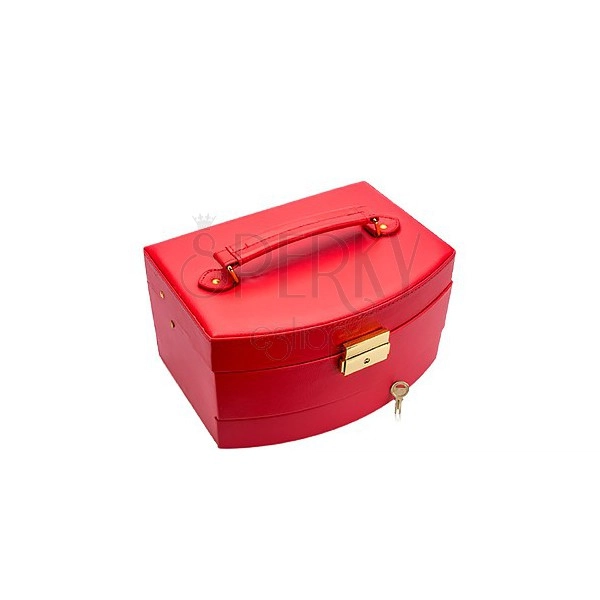 Červená kufríková šperkovnica 2 v 1, kovové detaily zlatej farby, umelá koža