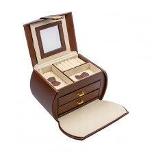 Hnedá kufríková šperkovnica, kovové detaily zlatej farby, syntetická koža
