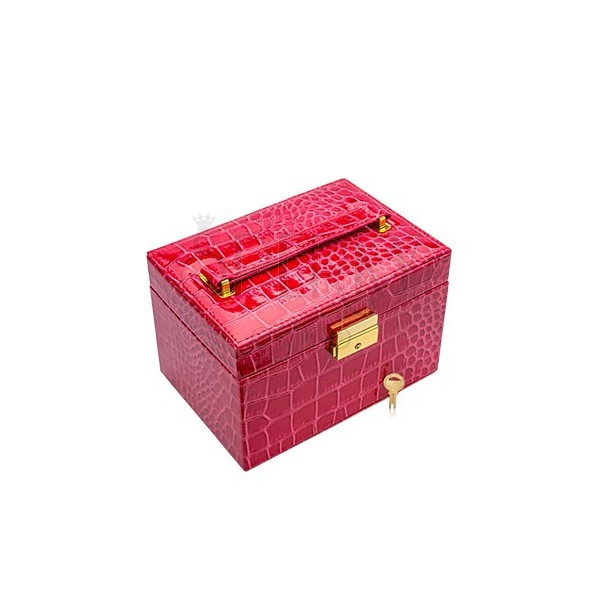 Ružová kufríková šperkovnica z imitácie krokodílej kože, kovové detaily zlatej farby