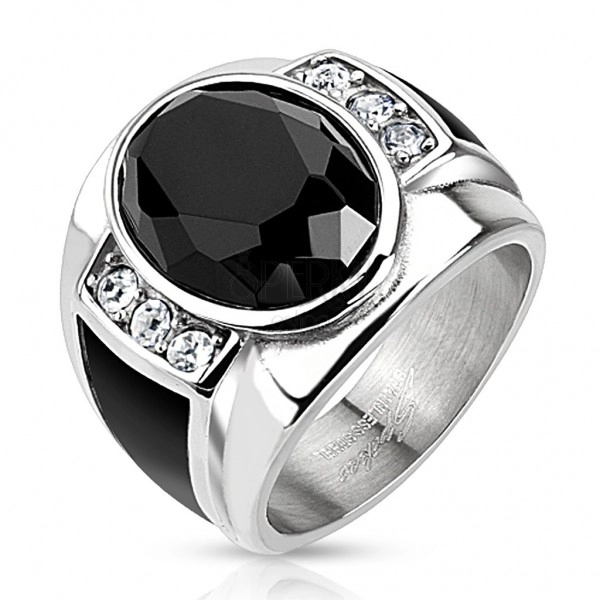 Oceľový prsteň s čiernym brúseným oválom, čírymi zirkónmi a čiernymi pásmi