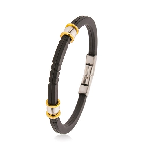 E-shop Šperky Eshop - Čierny gumený náramok so zárezmi, oceľové korálky striebornej a zlatej farby AB34.15