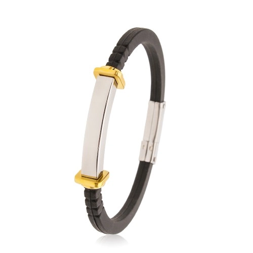 E-shop Šperky Eshop - Náramok z čiernej gumy, hladká oceľová známka, štvorce a kruhy zlatej farby AB35.01