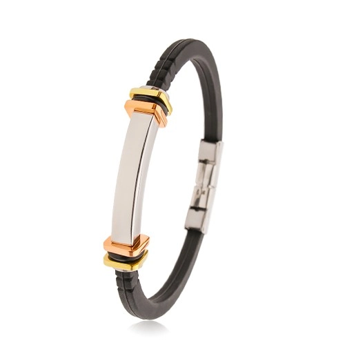 E-shop Šperky Eshop - Čierny gumený náramok so zárezmi, oceľová známka, dvojfarebné štvorce AB35.02
