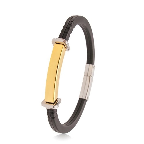 E-shop Šperky Eshop - Čierny náramok z gumy, oceľová známka zlatej farby, štvorce a kruhy po stranách AB35.03