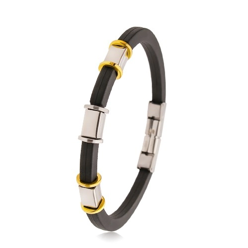 E-shop Šperky Eshop - Gumený čierny náramok so zárezmi, oceľové ozdoby striebornej a zlatej farby AB35.06