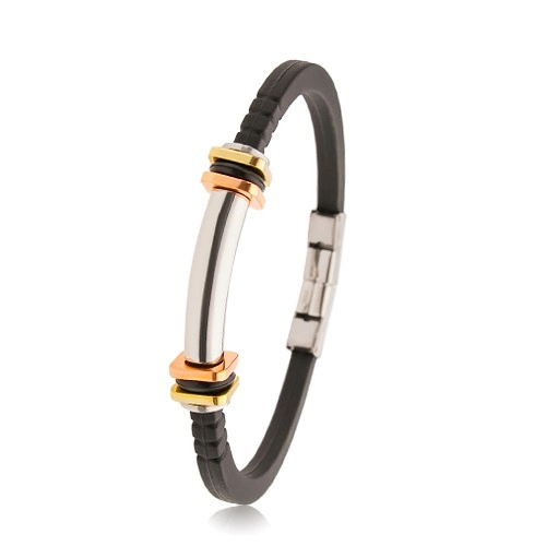 E-shop Šperky Eshop - Náramok z čiernej gumy so zárezmi, oceľový valček, dvojfarebné štvorce AB35.07