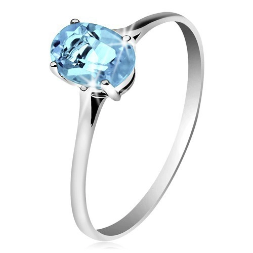 Zlatý prsteň 585 s oválnym ligotavým topásom modrej farby, tenké ramená - Veľkosť: 52 mm