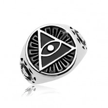 Prsteň z ocele 316L, čierny patinovaný kruh a trojuholník s okom