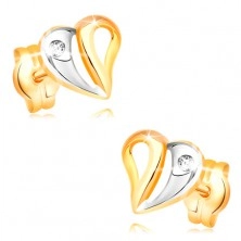 Briliantové náušnice v žltom a bielom 14K zlate - srdce s výrezmi a diamantom
