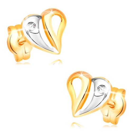 E-shop Šperky Eshop - Briliantové náušnice v žltom a bielom 14K zlate - srdce s výrezmi a diamantom BT502.23