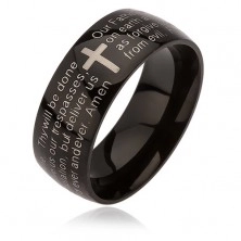 Čierny prsteň z chirurgickej ocele, kríž striebornej farby, modlitba Otčenáš, 6 mm
