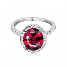 Strieborný 925 prsteň - oválny červený zirkón, číra zirkónová obruba
