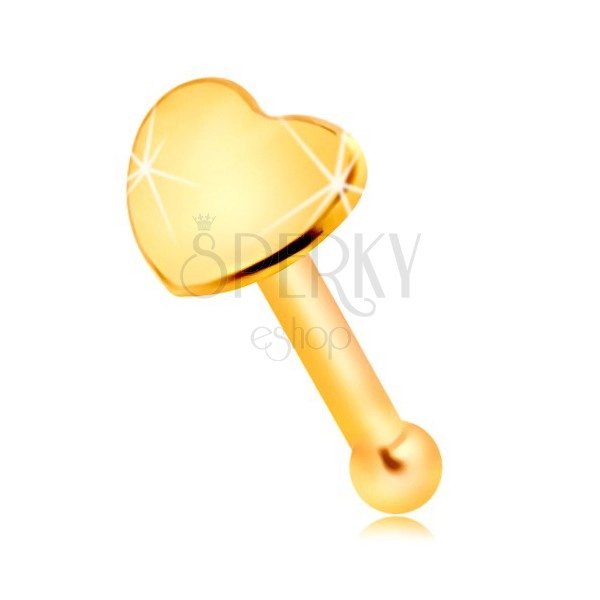 Rovný piercing do nosa v žltom 14K zlate - malé lesklé srdiečko