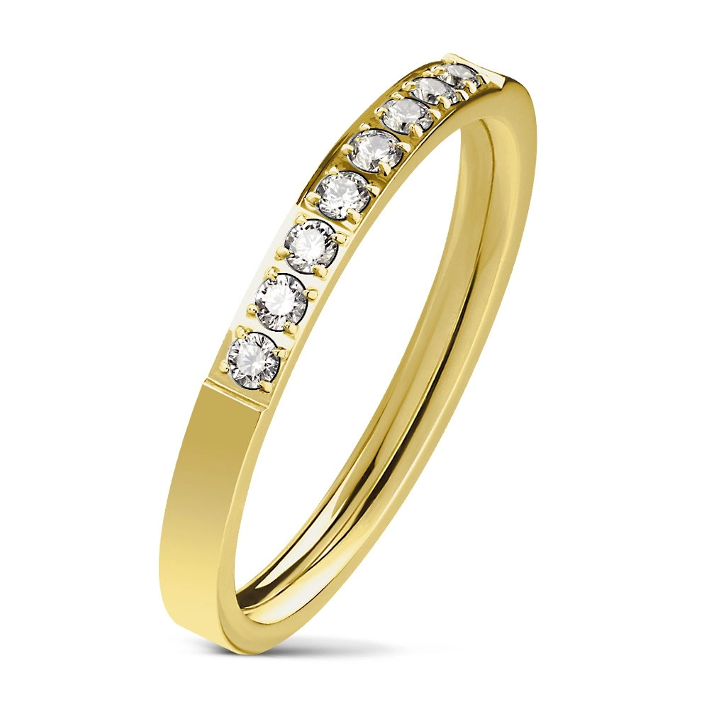 Oceľový prsteň zlatej farby, línia čírych zirkónov, lesklý povrch, 2,5 mm - Veľkosť: 57 mm