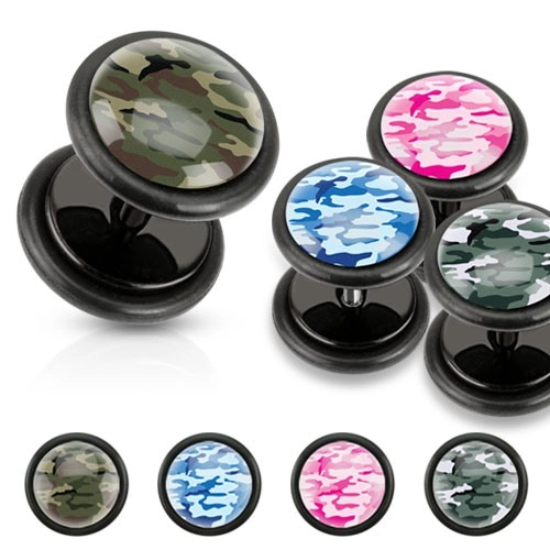 E-shop Šperky Eshop - Čierny akrylový fake plug, maskáčový vzor, čierne gumičky W11.20/21 - Farba: Ružová